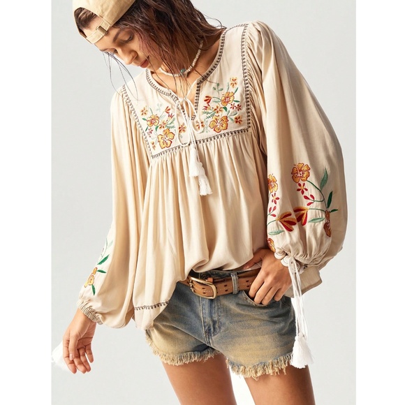Embroidered Bohemian Shirt in Beige Detailed V-Neck, Tassel Ties on Neck, Cuffs - Picture 1 of 9